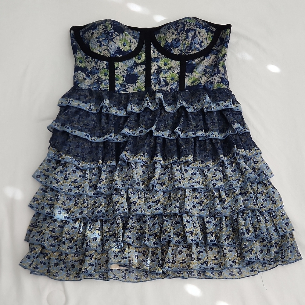 Girls' Navy Blue Floral Ruffled Dress